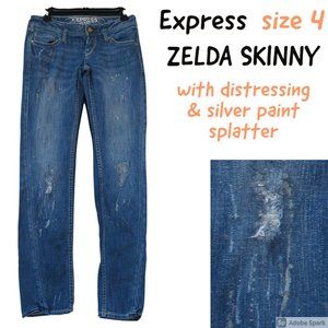 Express Zelda skinny distressed with silver and glitter paint splatter size 4